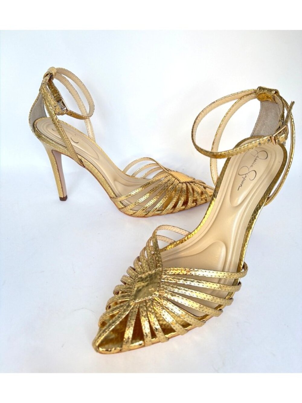 Jessica Simpson Pavery Ankle Strap Gold Metallic Strappy Heels Pointed Toe Sz 8